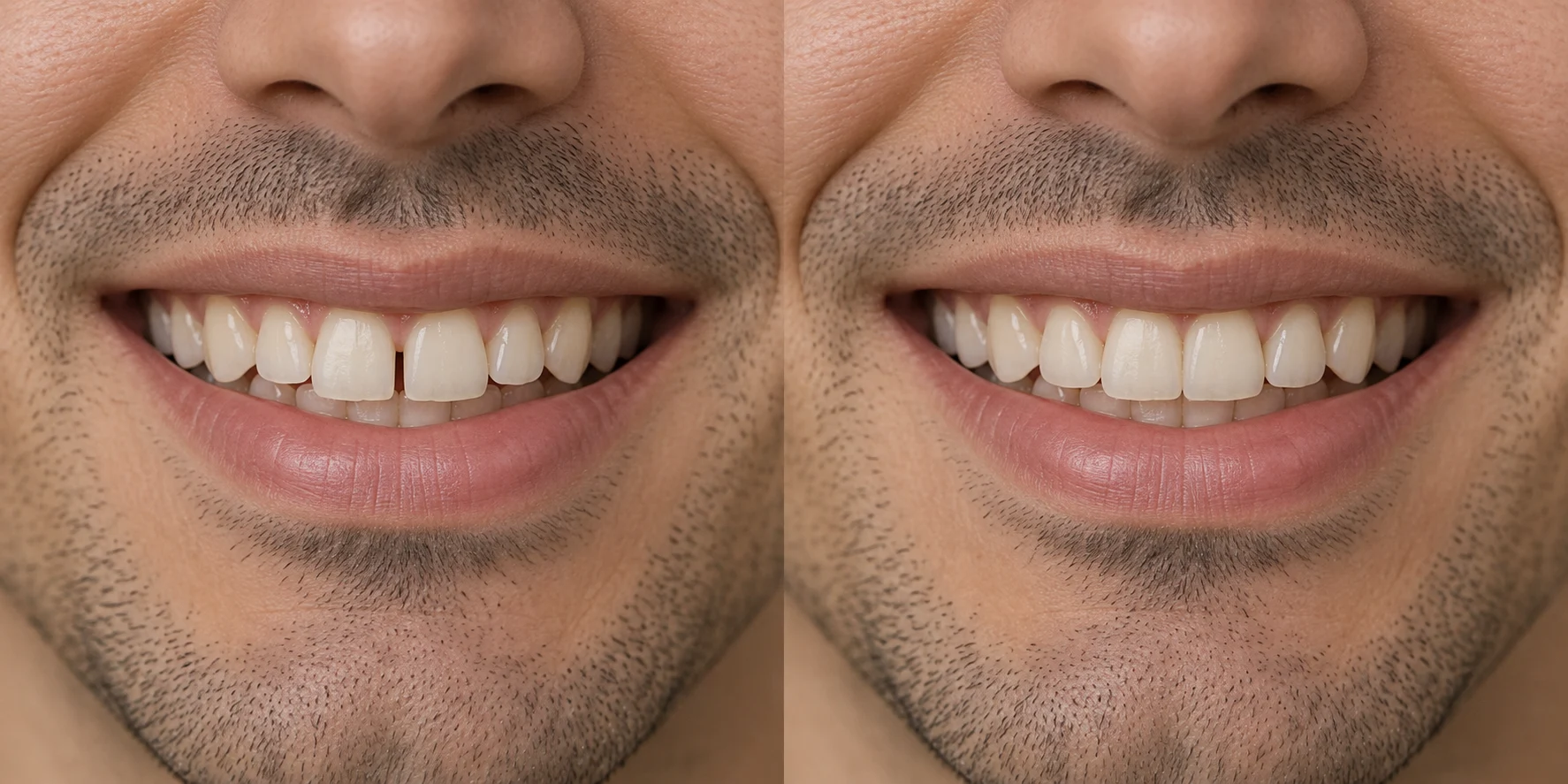 Simulação gerada por IA: à esquerda, um sorriso com pequeno espaço entre os dentes da frente; à direita, uma versão com os dentes alinhados.