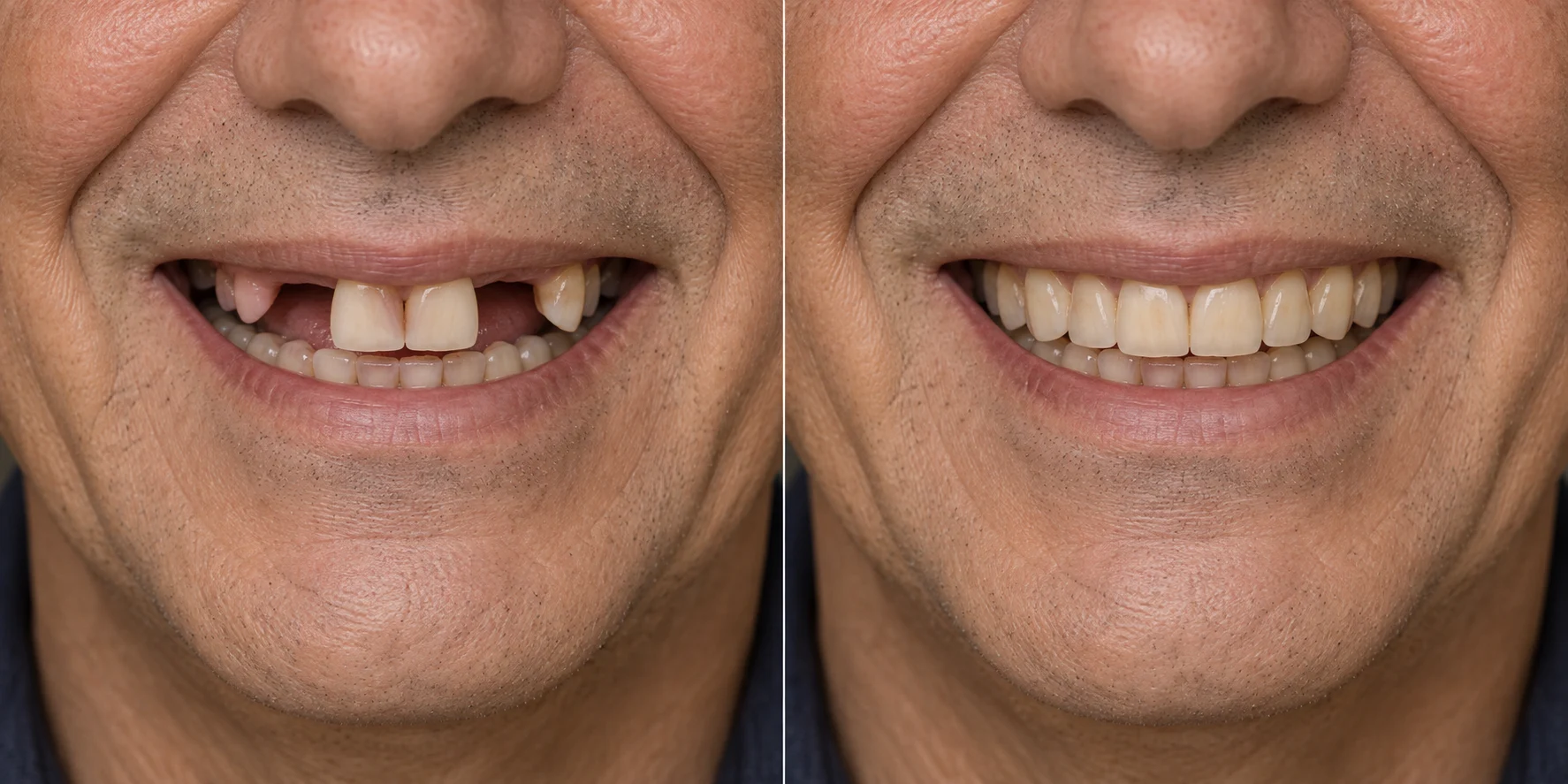 Simulação gerada por IA: à esquerda, um sorriso com vários dentes superiores ausentes; à direita, uma versão ilustrativa com a reposição dos dentes.