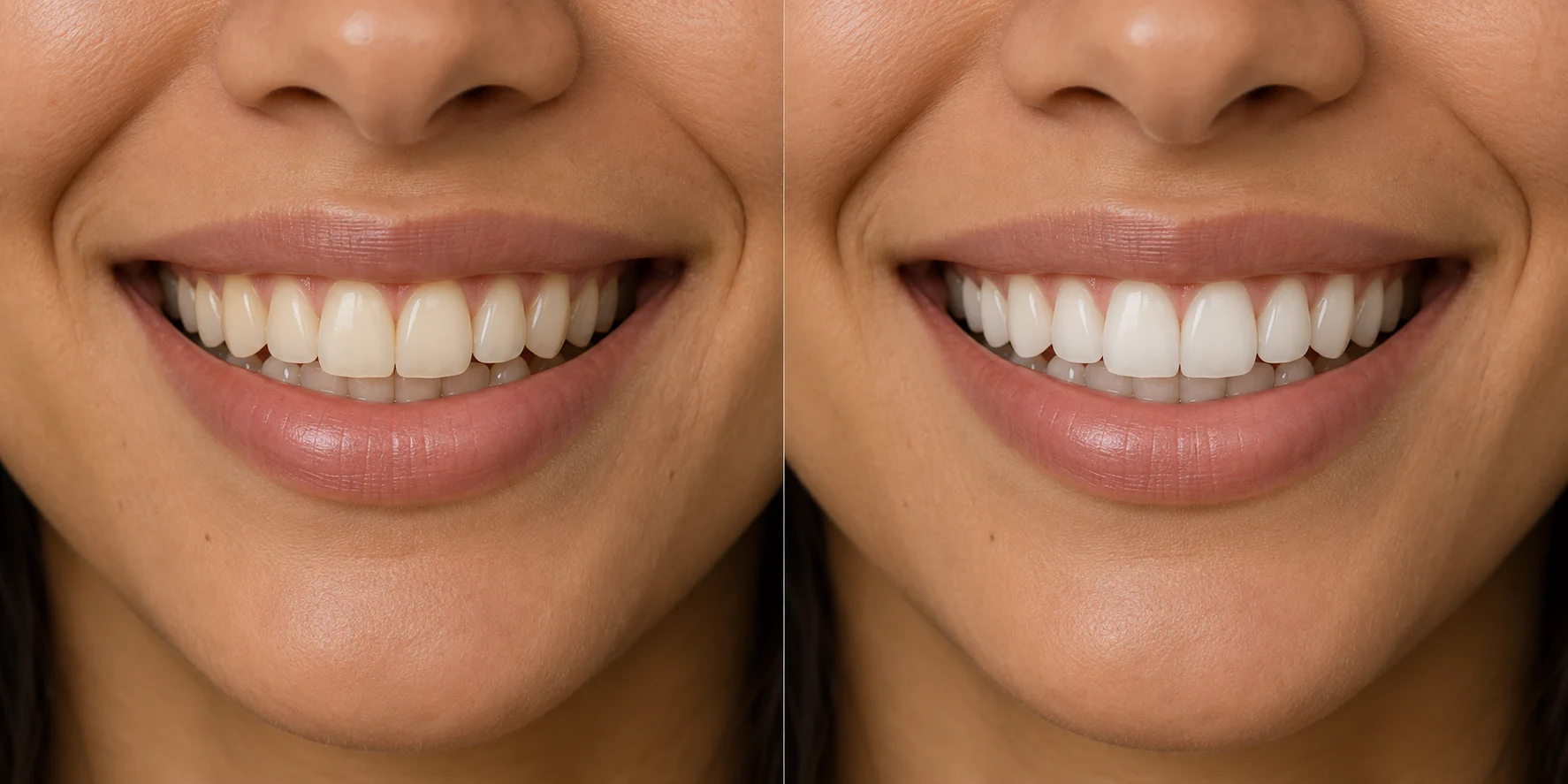 Simulação gerada por IA: à esquerda, um sorriso com dentes em tom marfim; à direita, o mesmo sorriso em tom mais claro.